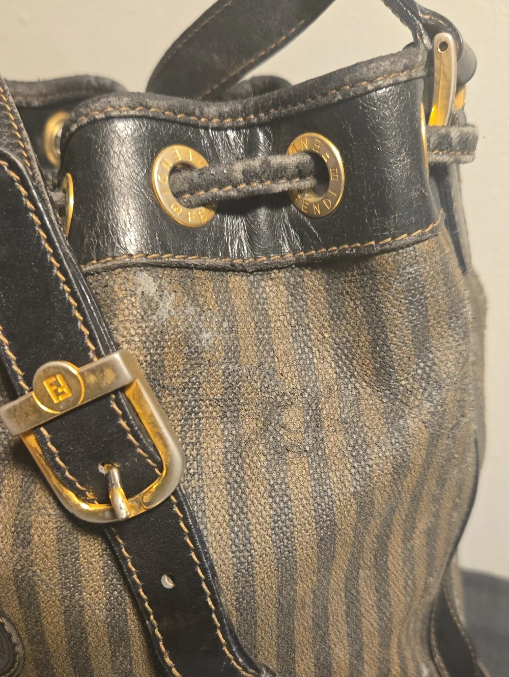 Fendi Brown Striped Canvas Drawstring Crossbody Bag with Pouch